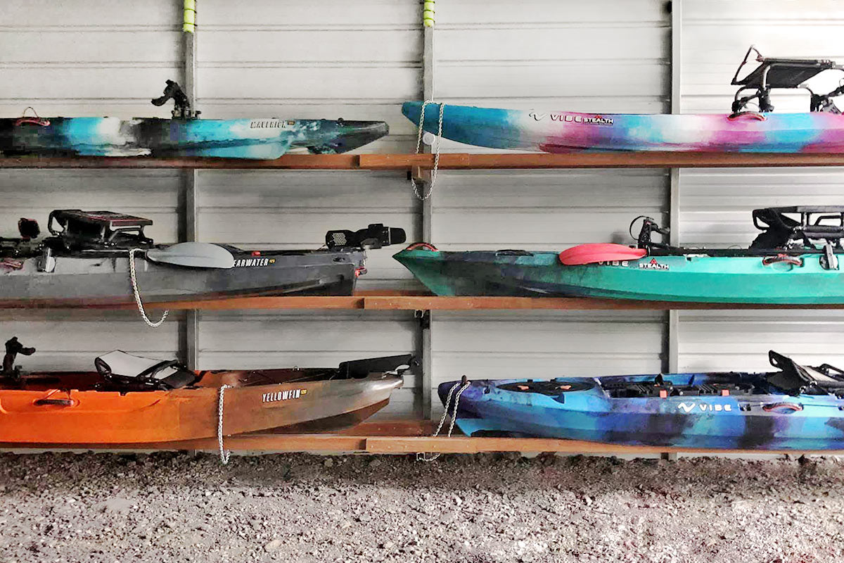 Vibe Kayaks Sea Ghost and Yellowfins in storage