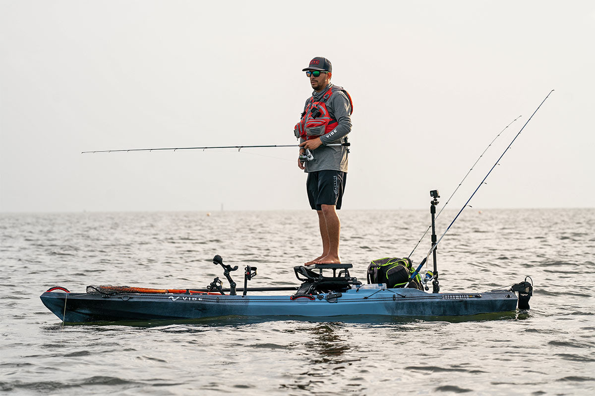 Juan Carlos Senor Bassfishing Standing on Shearwater 125 Summit Perch fishing kayak